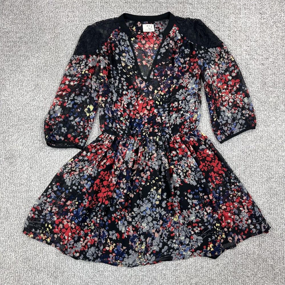 Anthropologie Pins Needles Dress Womens Small Black Floral Chiffon Mini Party - Picture 1 of 7